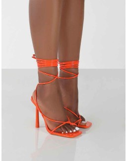 Lacey Orange Patent Square Toe Strappy Lace Up Stiletto Heels