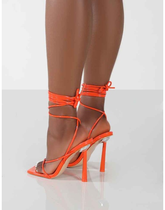 Lacey Orange Patent Square Toe Strappy Lace Up Stiletto Heels