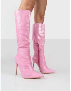 Horizon Pink Croc PU Knee High Boots
