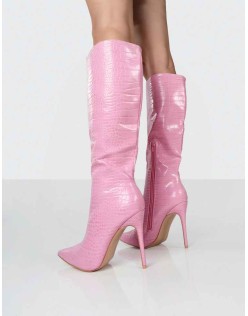 Horizon Pink Croc PU Knee High Boots