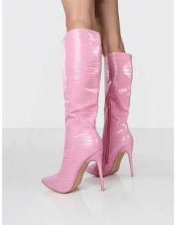 Horizon Pink Croc PU Knee High Boots