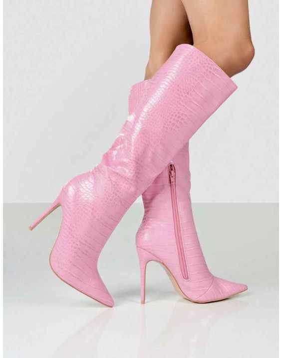 Horizon Pink Croc PU Knee High Boots