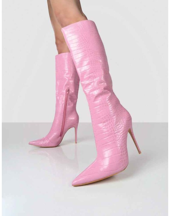 Horizon Pink Croc PU Knee High Boots