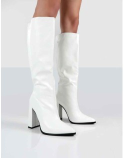 Posie White PU Knee High Block Heel Boots