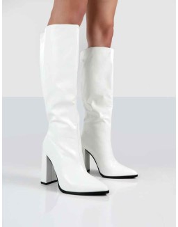 Posie White PU Knee High Block Heel Boots