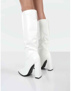 Posie White PU Knee High Block Heel Boots