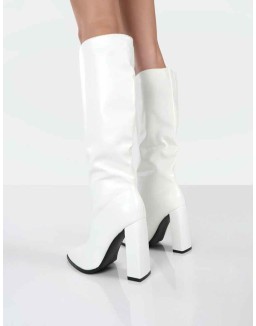 Posie White PU Knee High Block Heel Boots
