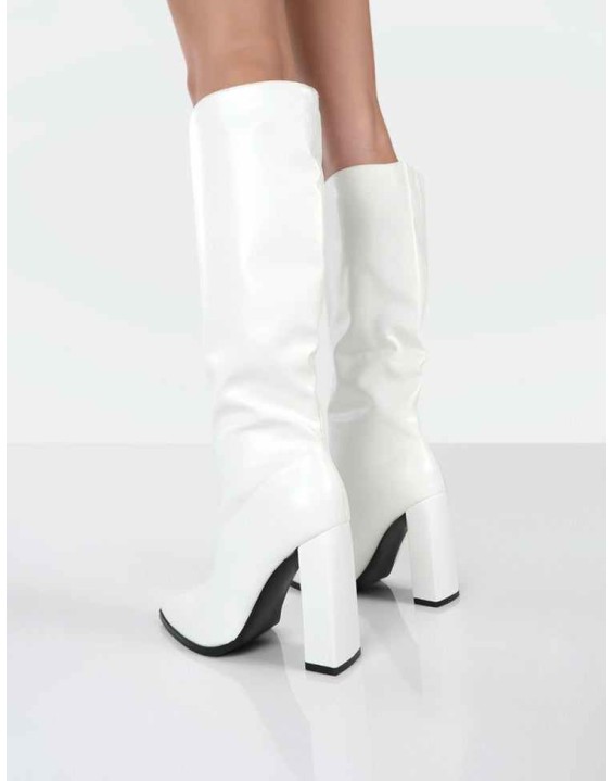 Posie White PU Knee High Block Heel Boots