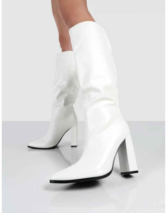 Posie White PU Knee High Block Heel Boots