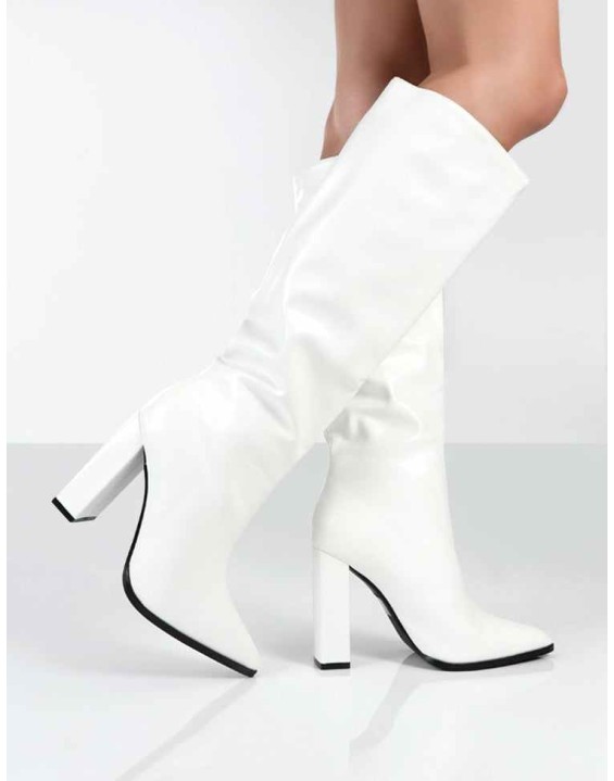 Posie White PU Knee High Block Heel Boots