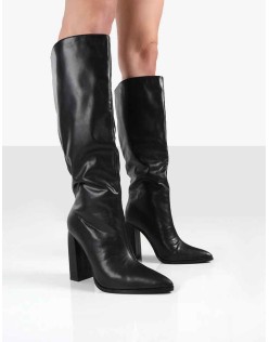 Posie Black PU Knee High Block Heel Boots