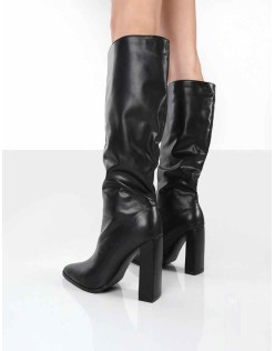 Posie Black PU Knee High Block Heel Boots