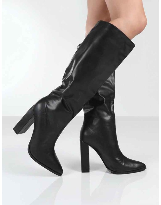 Posie Black PU Knee High Block Heel Boots