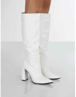 Posie Wide Fit White Pu Knee High Block Heel Boots