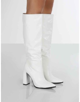 Posie Wide Fit White Pu Knee High Block Heel Boots