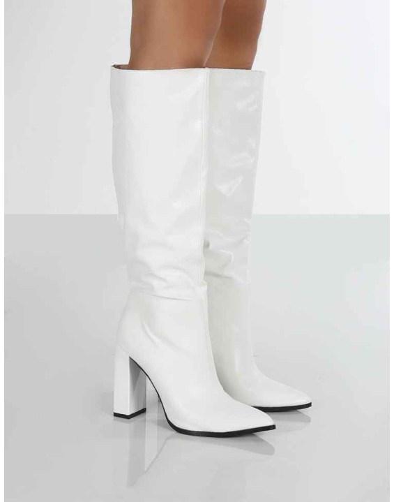 Posie Wide Fit White Pu Knee High Block Heel Boots