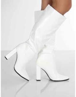 Posie Wide Fit White Pu Knee High Block Heel Boots