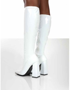Caryn White Patent Wide Fit Knee High Block Heeled Boots