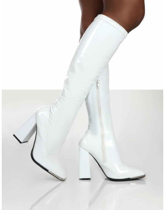 Caryn White Patent Wide Fit Knee High Block Heeled Boots