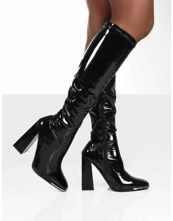 Caryn Black Patent Wide Fit Knee High Block Heeled Boots