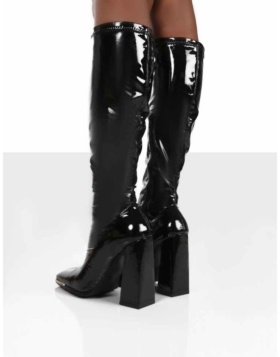 Caryn Black Patent Wide Fit Knee High Block Heeled Boots