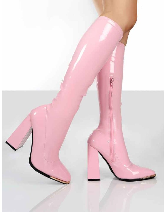 Caryn Pink Pu Knee High Heeled Boots
