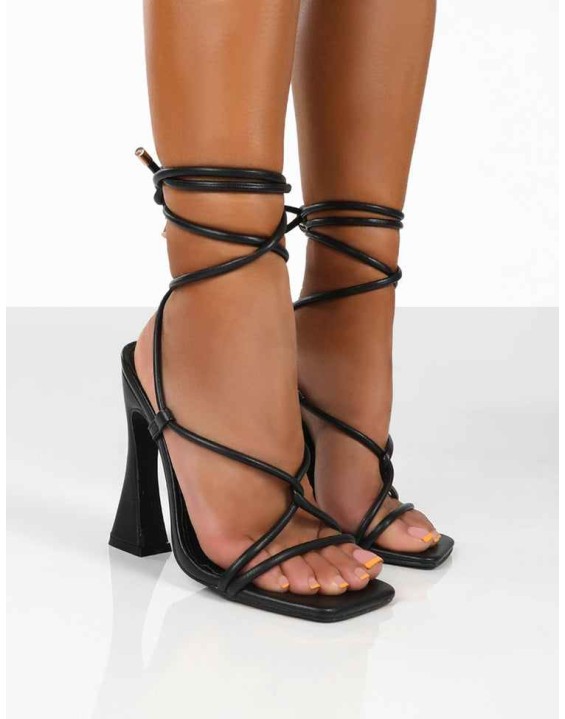 Lori Black Strappy Lace Up Square Toe Flared Block Heels