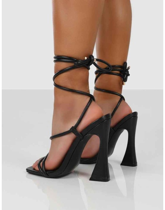 Lori Black Strappy Lace Up Square Toe Flared Block Heels