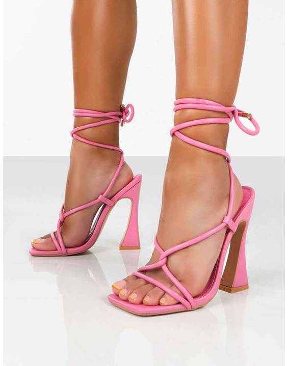 Lori Pink Strappy Lace Up Square Toe Flared Block Heels