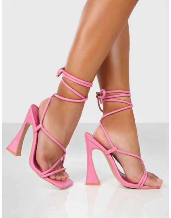 Lori Pink Strappy Lace Up Square Toe Flared Block Heels