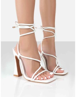 Lori White Strappy Lace Up Square Toe Flared Block Heels