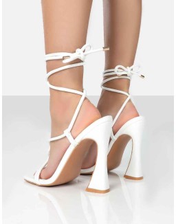 Lori White Strappy Lace Up Square Toe Flared Block Heels