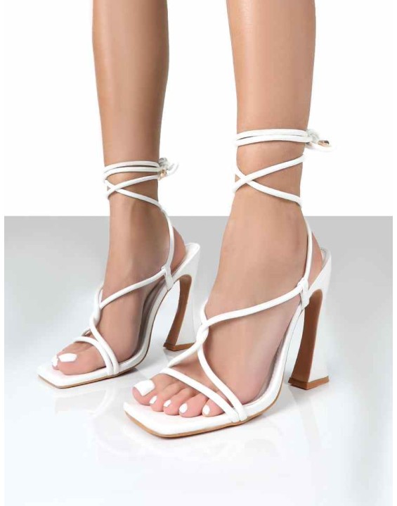 Lori White Strappy Lace Up Square Toe Flared Block Heels