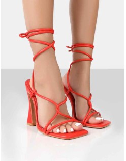 Lori Orange Strappy Lace Up Square Toe Flared Block Heels
