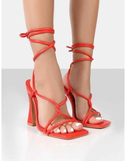 Lori Orange Strappy Lace Up Square Toe Flared Block Heels