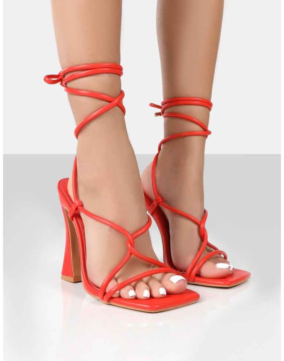 Lori Orange Strappy Lace Up Square Toe Flared Block Heels