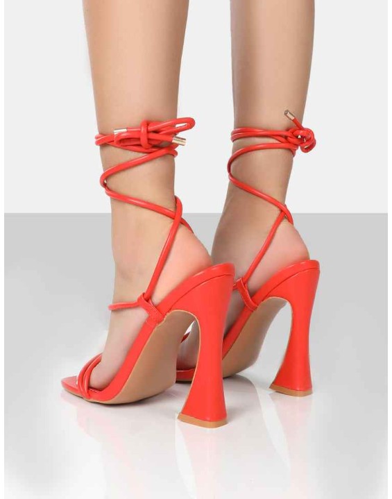 Lori Orange Strappy Lace Up Square Toe Flared Block Heels