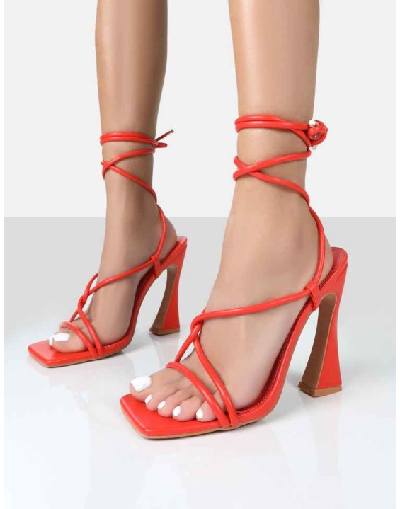 Lori Orange Strappy Lace Up Square Toe Flared Block Heels