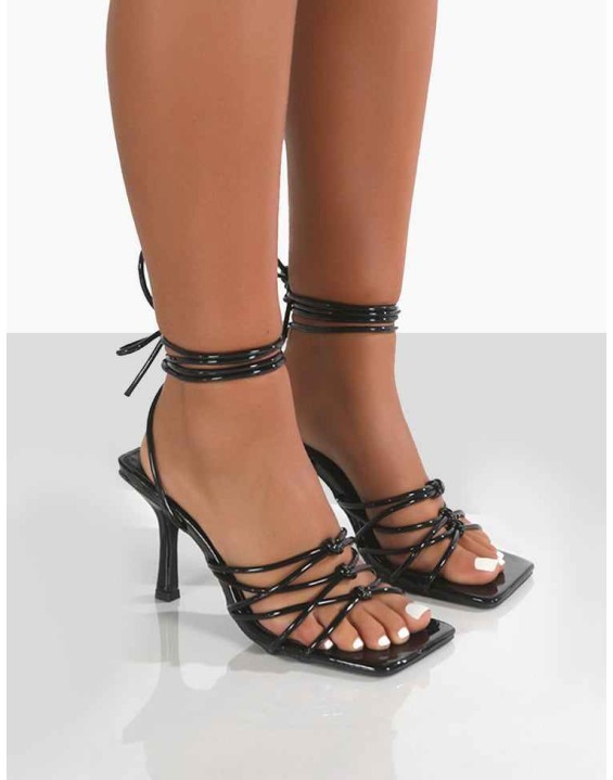 Keri Black Patent Strappy Lace Up Mid Heels