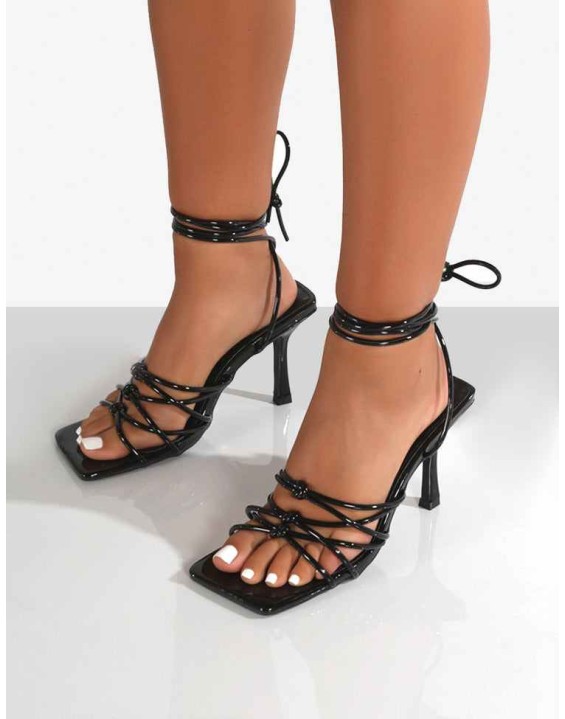 Keri Black Patent Strappy Lace Up Mid Heels
