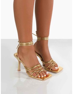 Keri Gold Metallic Pu Strappy Lace Up Mid Heels