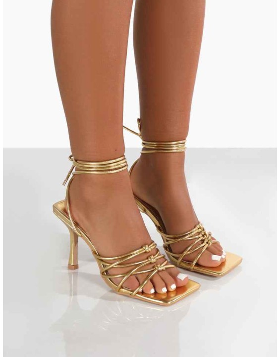 Keri Gold Metallic Pu Strappy Lace Up Mid Heels