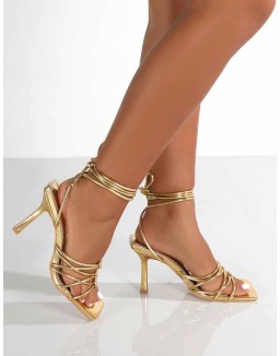 Keri Gold Metallic Pu Strappy Lace Up Mid Heels
