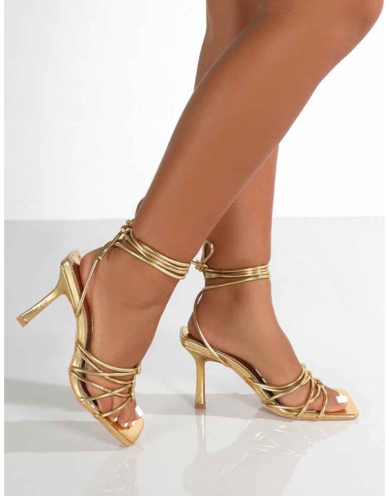 Keri Gold Metallic Pu Strappy Lace Up Mid Heels