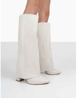 Zendaya Ecru Pointed Toe Knee High Boots