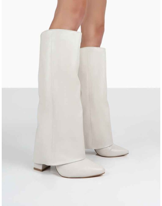 Zendaya Ecru Pointed Toe Knee High Boots