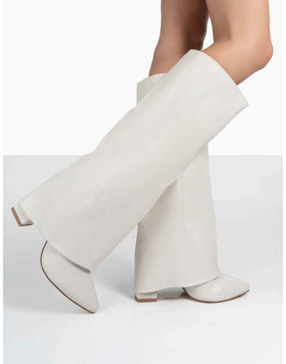 Zendaya Ecru Pointed Toe Knee High Boots