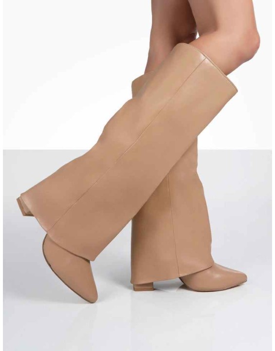 Zendaya Nude Pointed Toe Knee High Boots