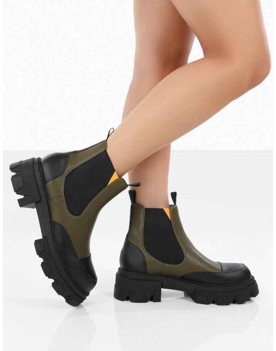 Kenza x Public Desire Trance Khaki Chunky Sole Chelsea Boots