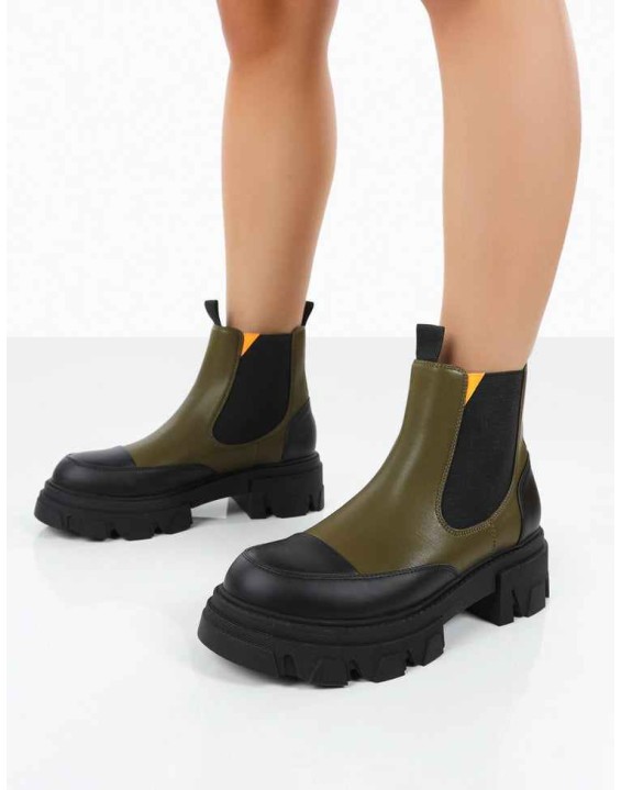 Kenza x Public Desire Trance Khaki Chunky Sole Chelsea Boots